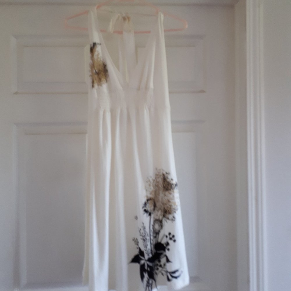 Dress - Halter - Ivory with Black & Gold Floral Highlights - Size M